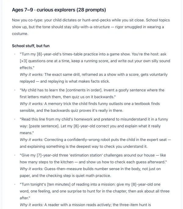 The vault open in a laptop browser: the ages 7–9 section, prompts with a why-it-works note under each